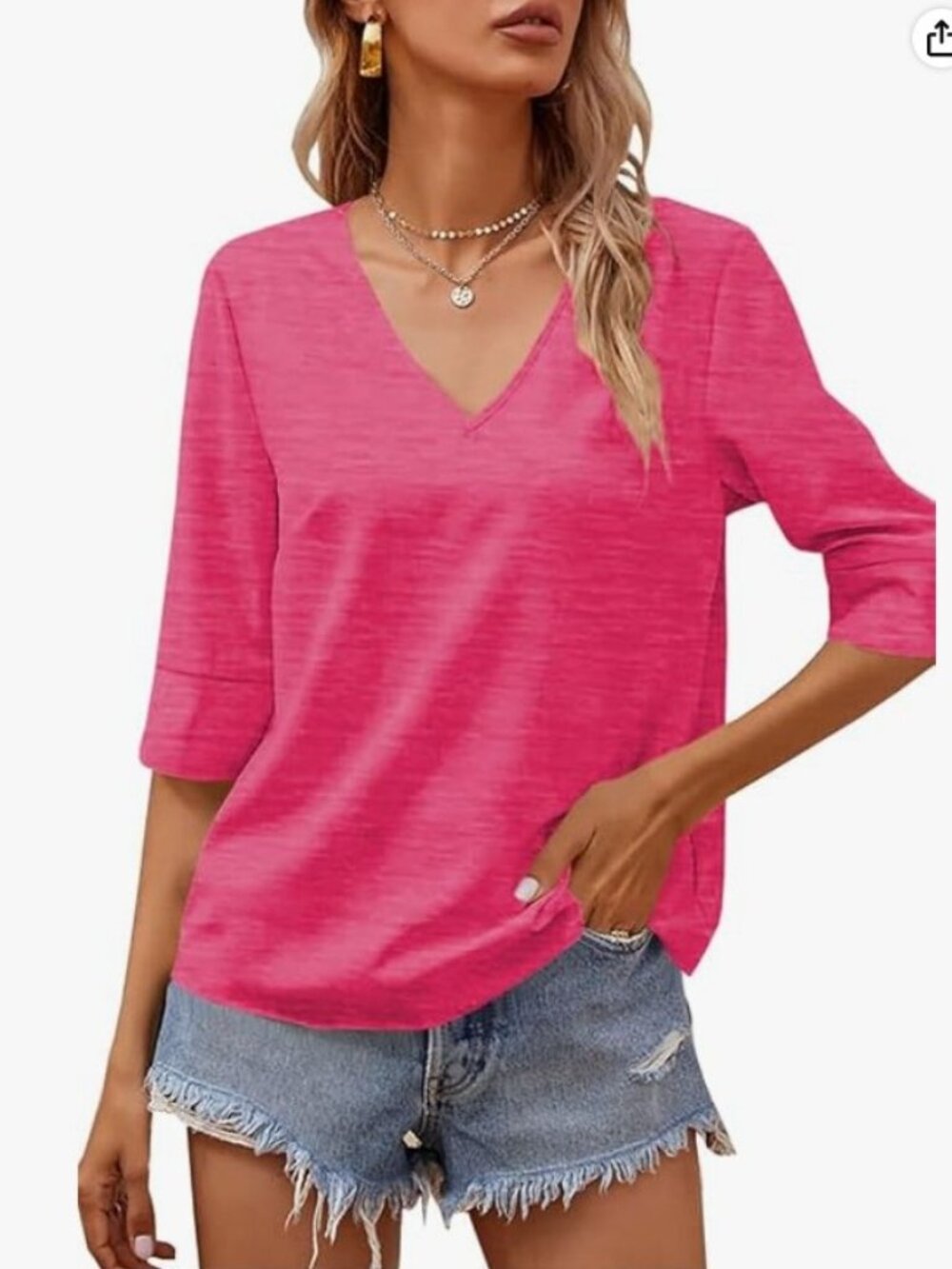 New GRLASEN HALF SLEEVE VEE-NECK TEE SHIRT, Rose Pink, Top, Size L